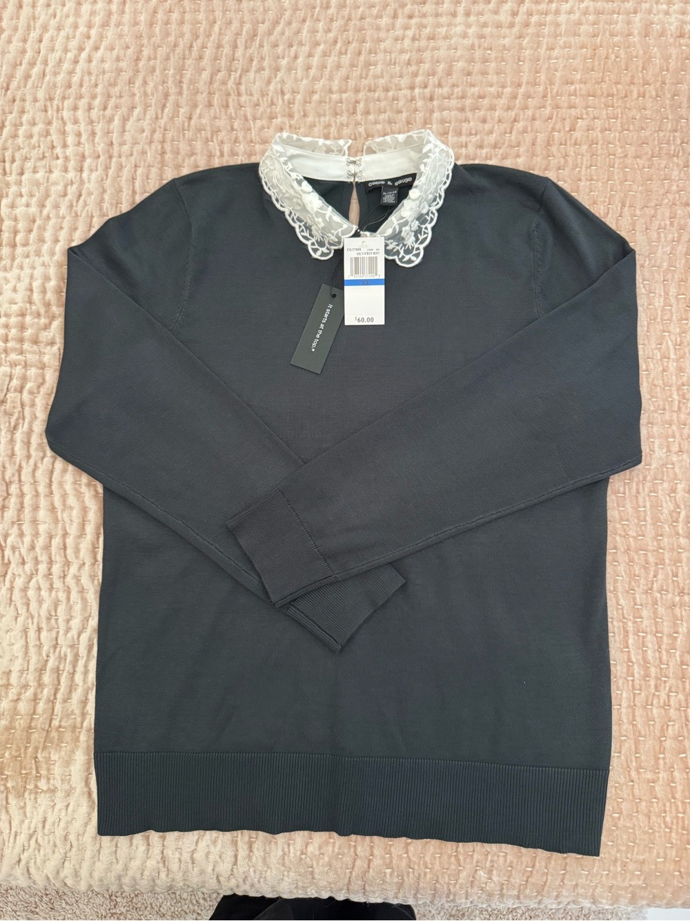 Dark Teal Long-Sleeve Sweater with White Lace Peter Pan Collar NWT
